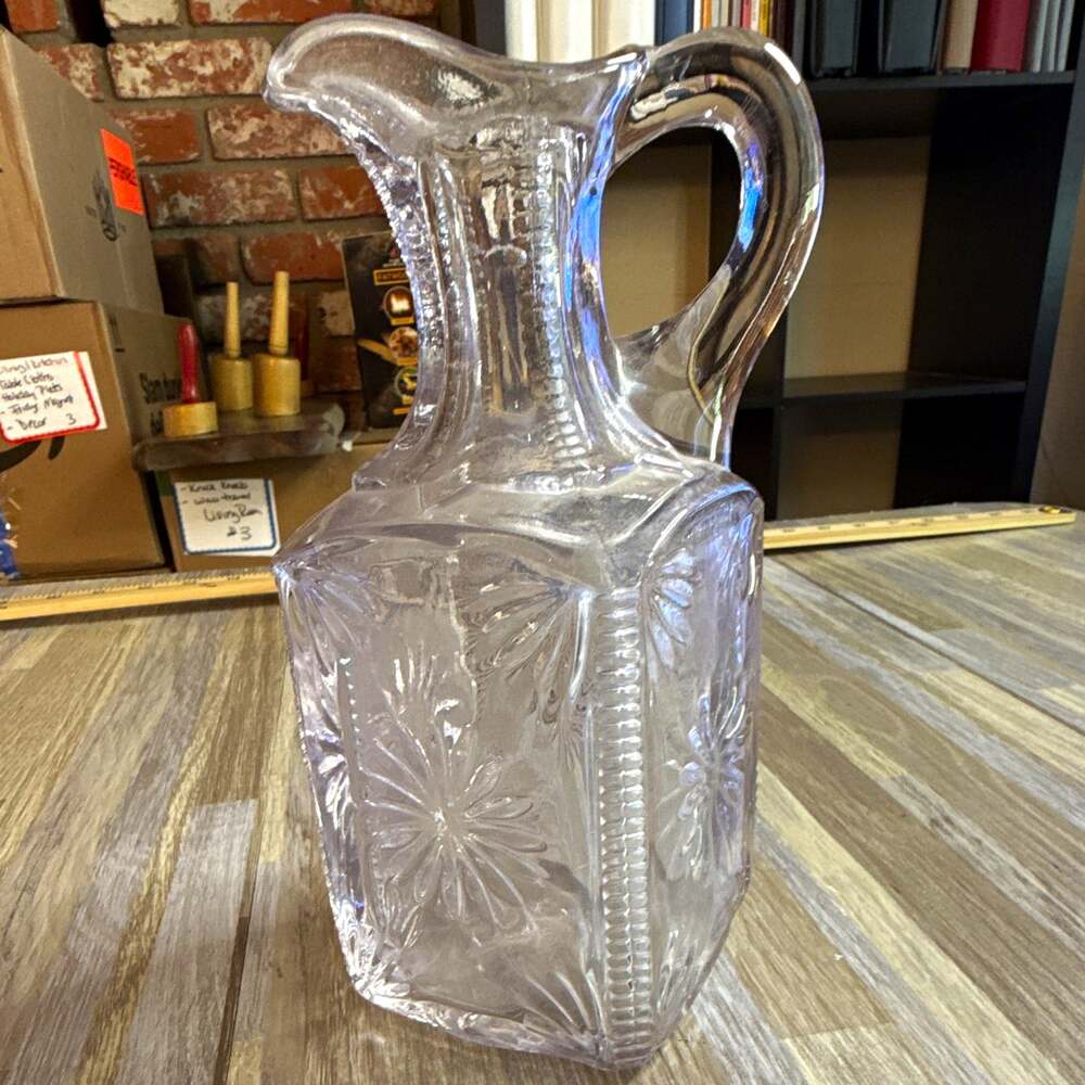 Vintage Clear Glass Square Pitcher Starburst Cut Glass Style 8" Decorative